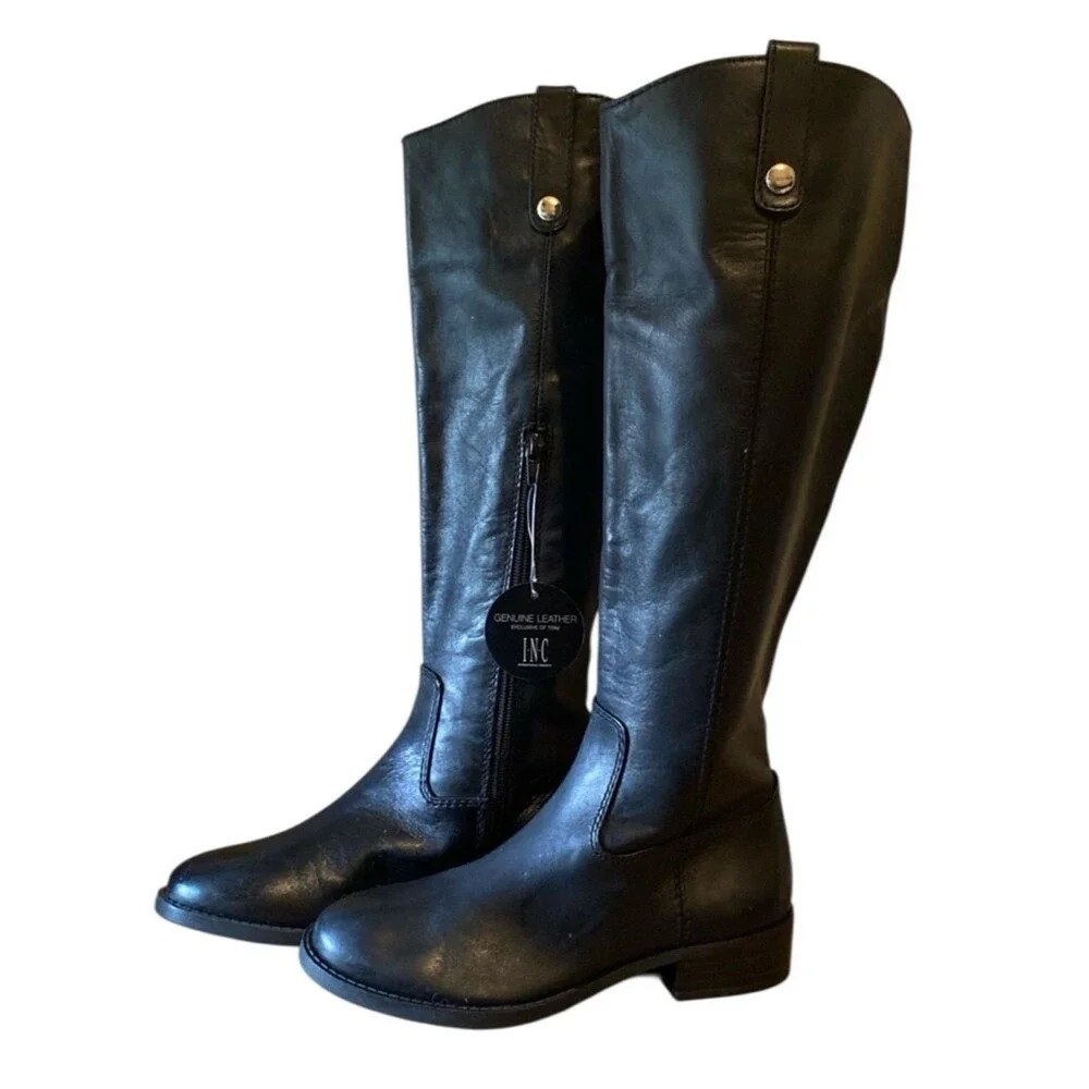 INC International Concepts Women's Fawne Black Leather Riding Boots NWOB Size 5